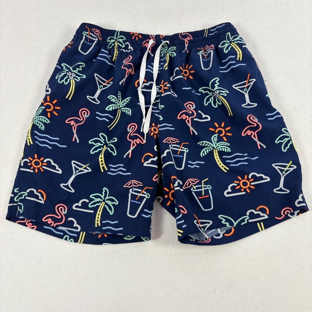 Chubbies Swim Trunks Mens Medium Blue Excellent 7" Inseam Neon Tropical Flamingo
